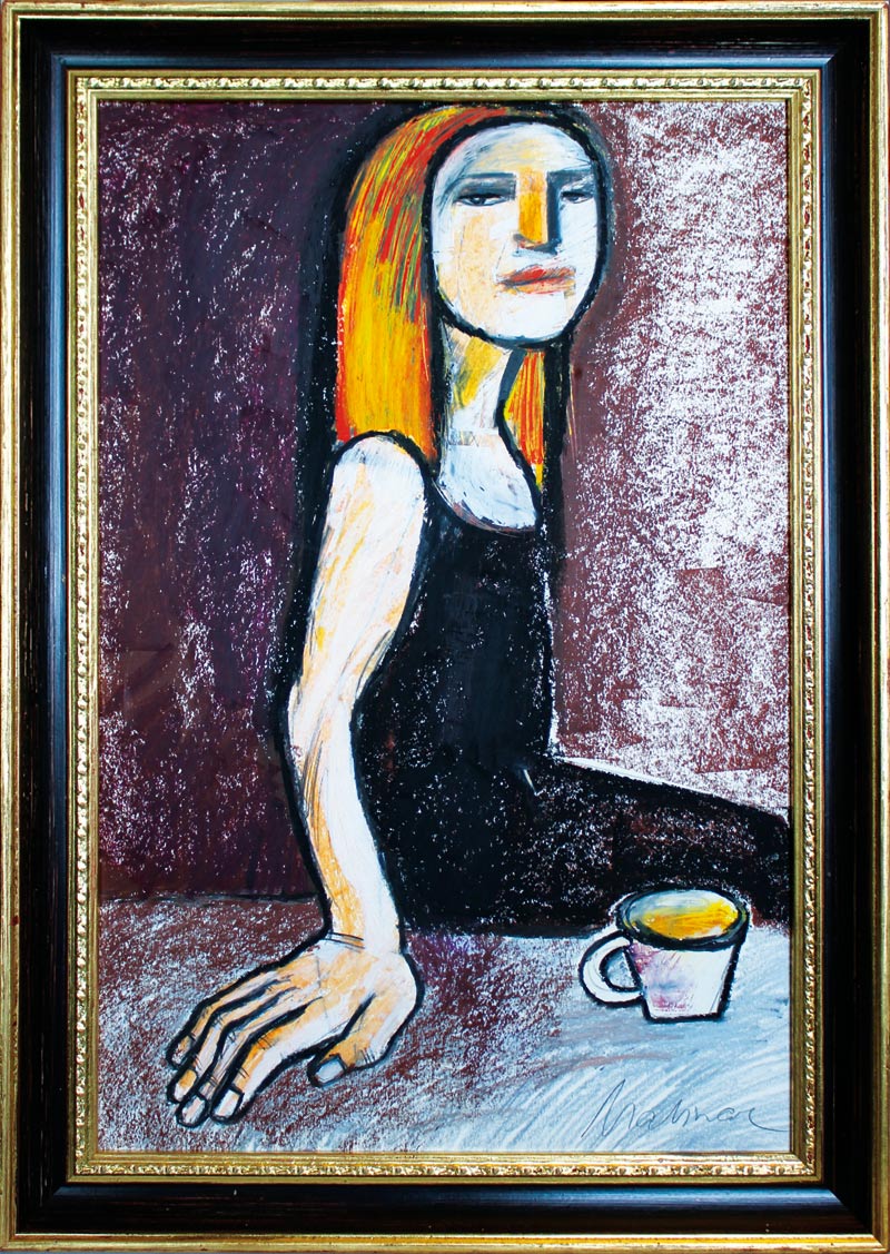 Junge Frau beim Tee, Mixed Media auf Papier, 60 x 42 cm (Blattgröße), Oxana Mahnac